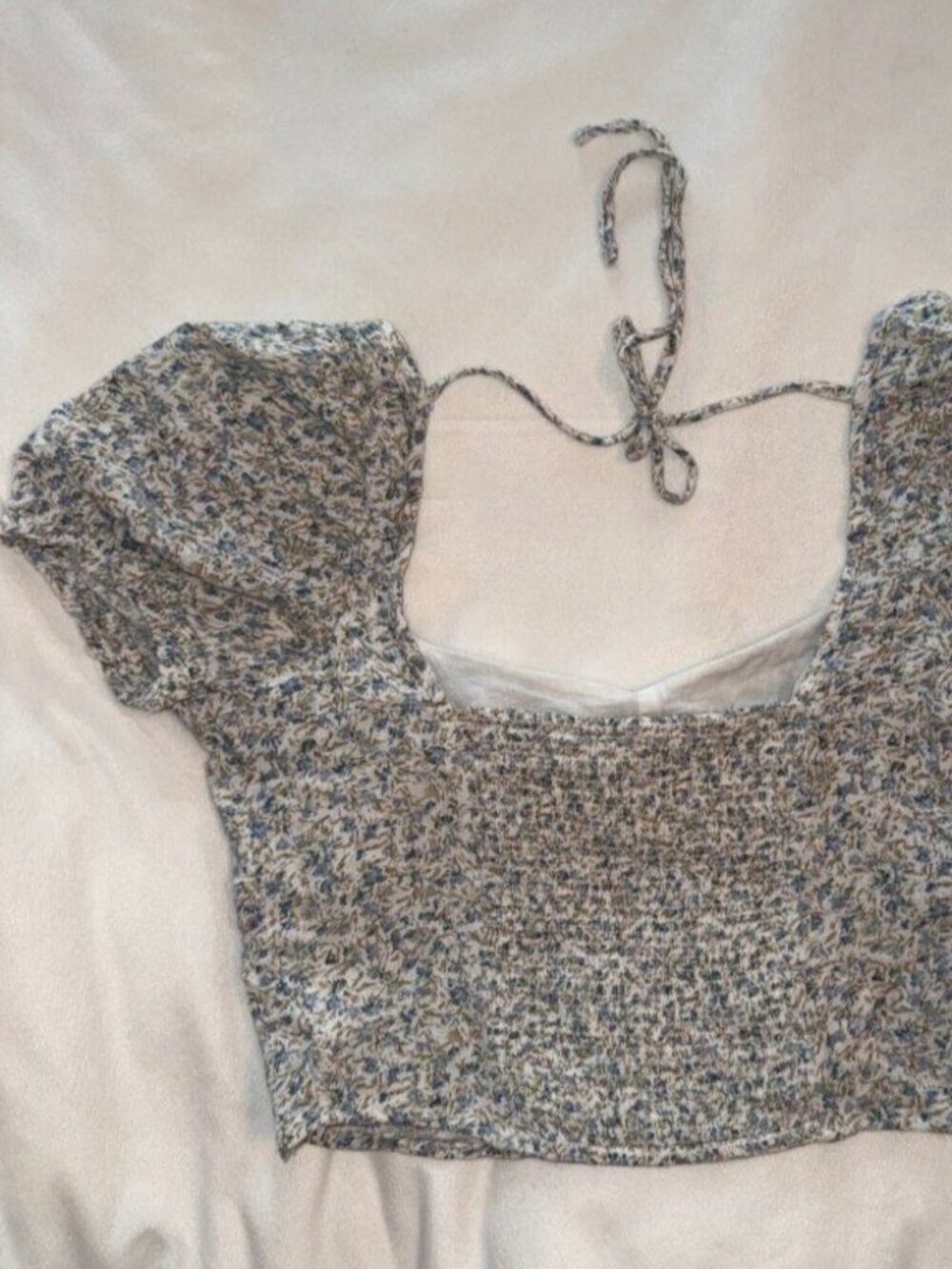 Blue Floral Puff Sleeve Tie Back Cottagecore Top Size Small - Picture 2 of 2